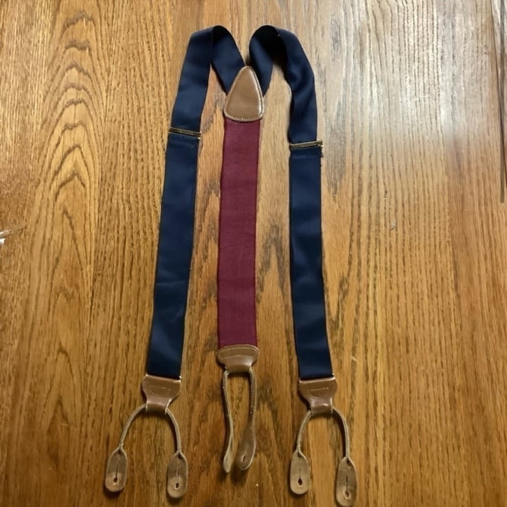 Vintage Trafalgar Men’s Suspenders Silk Navy Blue Oxblood Red Leather Braces